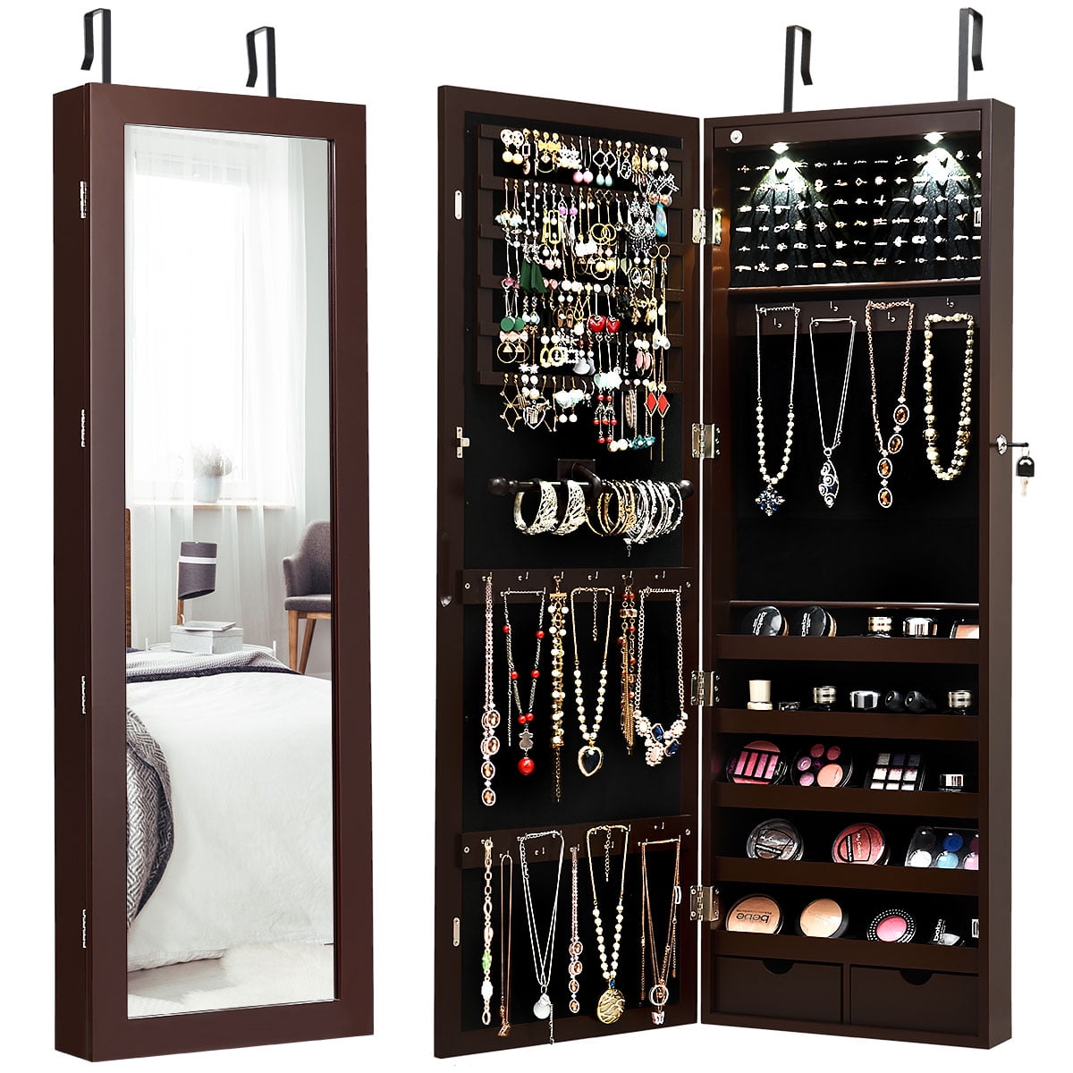 Costway Door Mounted Lockable Jewelry Armoire with FullLength Mirror, LED Lights and Storage