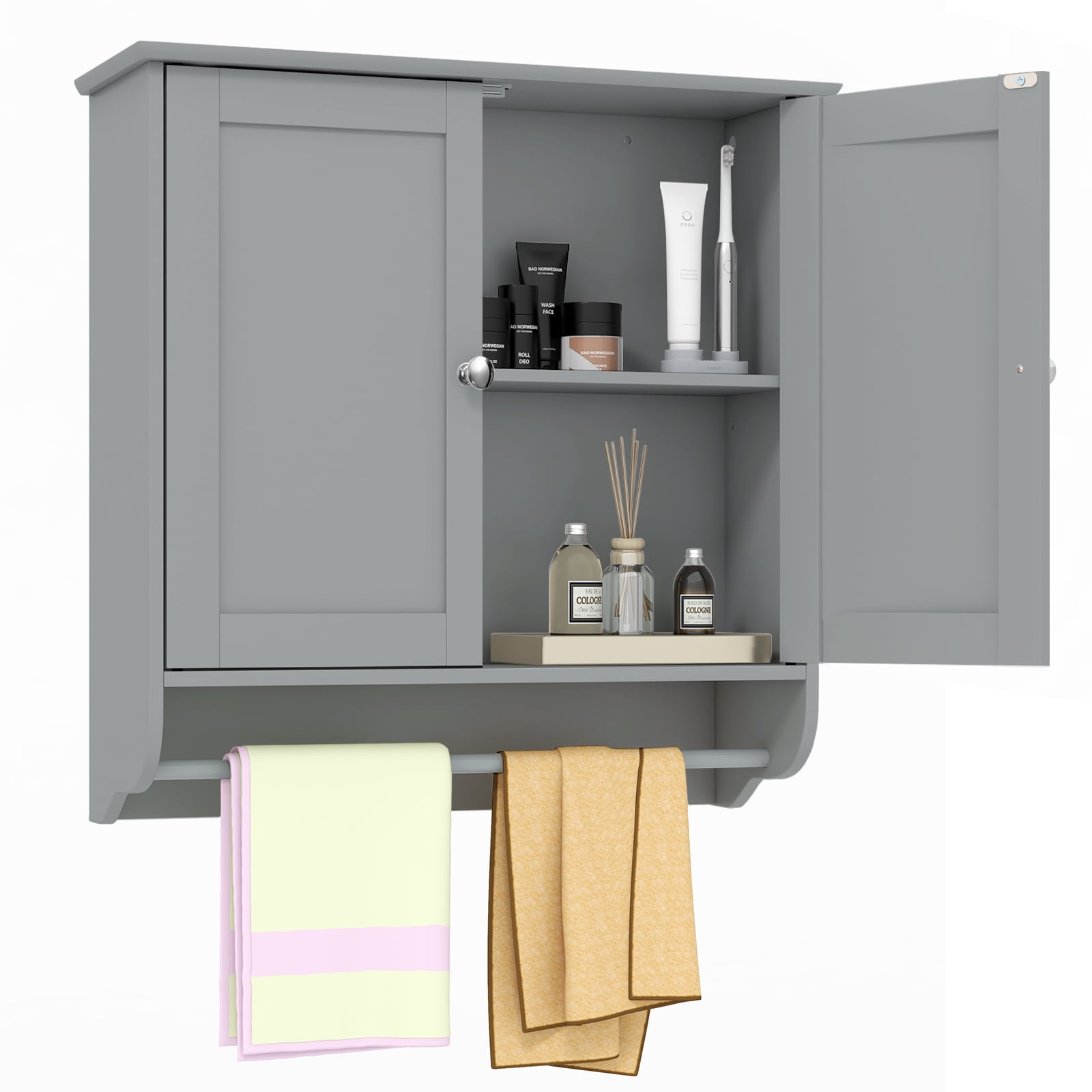 2-Door Bathroom Wall-Mounted Medicine Cabinet with Open Shelf and Towel Rack  - Costway