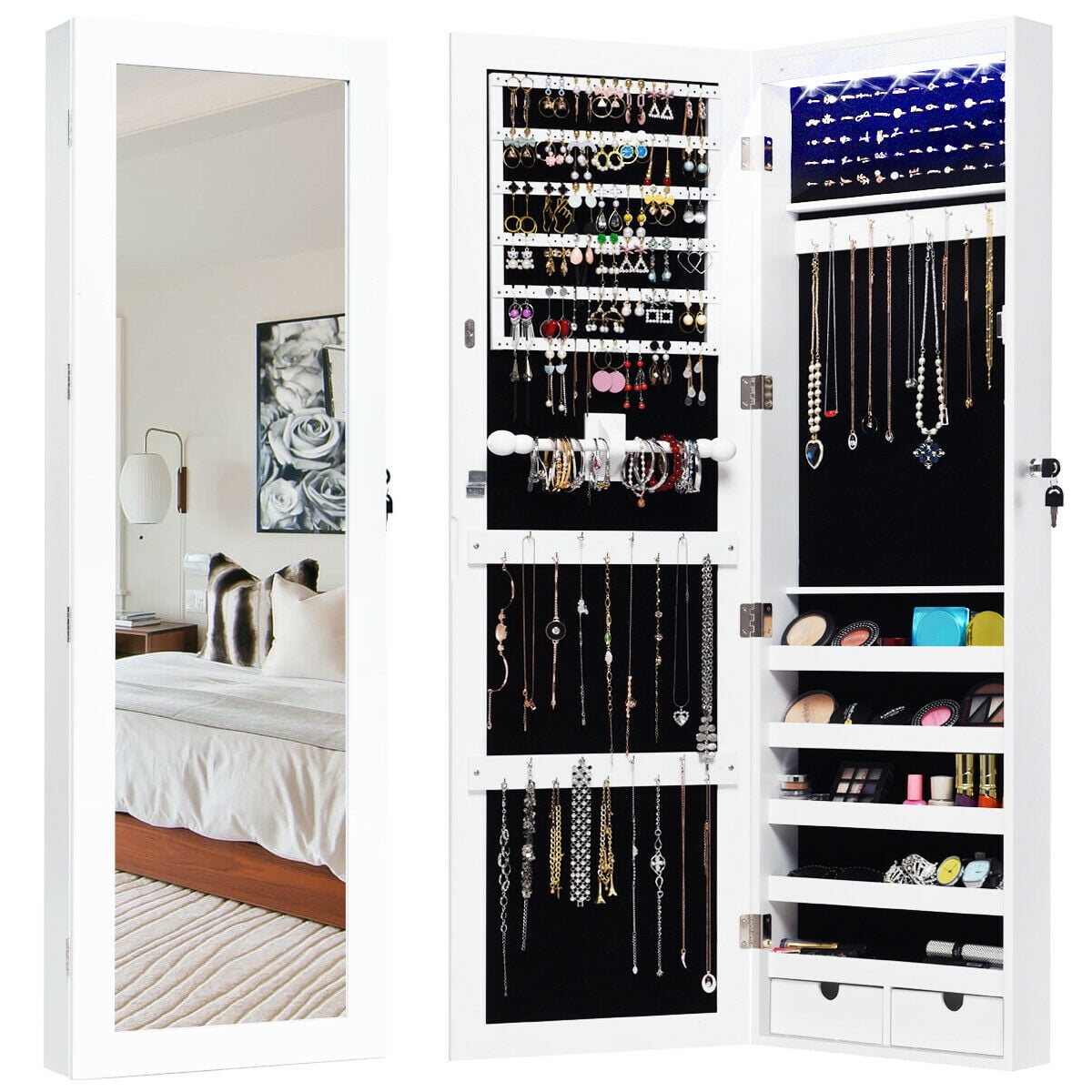 Costway Wall Mounted Mirrored Jewelry Cabinet Organizer w LED Lights
