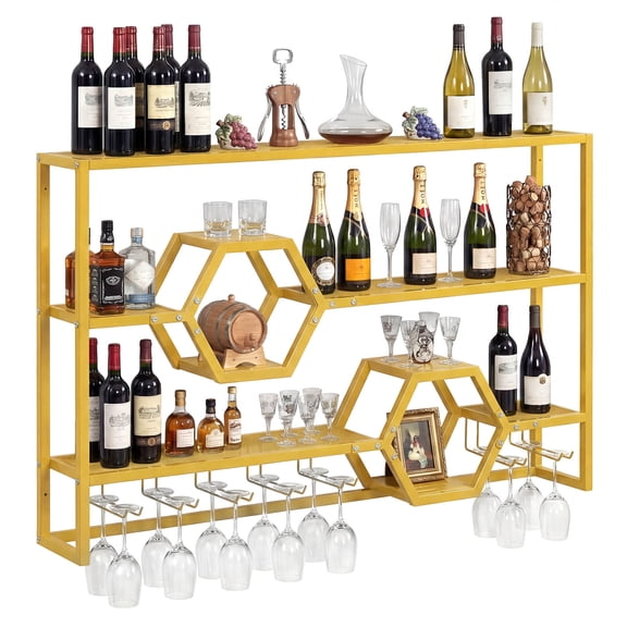Costway Wall Mounted Wine Rack 47” Large Floating Bar Shelves with Glass Holder for Kitchen Gold
