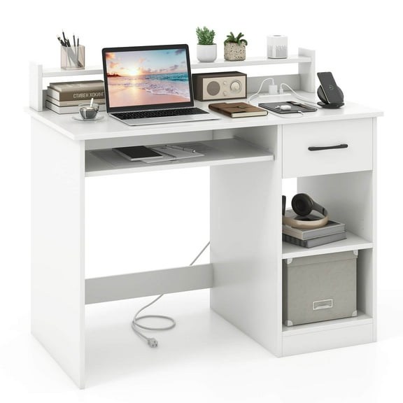 Costway White Computer Desk with Charging Station Drawer Removable & Adjustable Shelf
