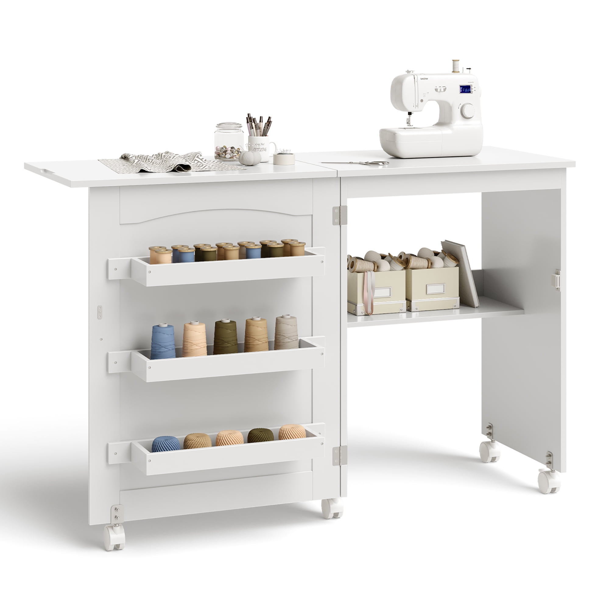Bunpeony White Folding Large Sewing Table Storage Shelves Storage Cabinet  Kitchen Cart with Lockable Casters ZMCT130-W - The Home Depot