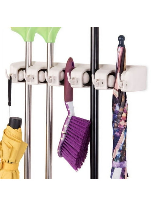 Costway White Wall Mounted Mop & Broom 5 Position Hanger, Kitchen Storage