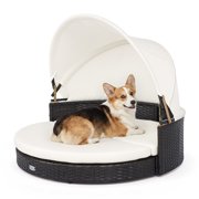 Costway Wicker Dog House Outdoor Indoor with Retractable Canopy, Removable Cushion