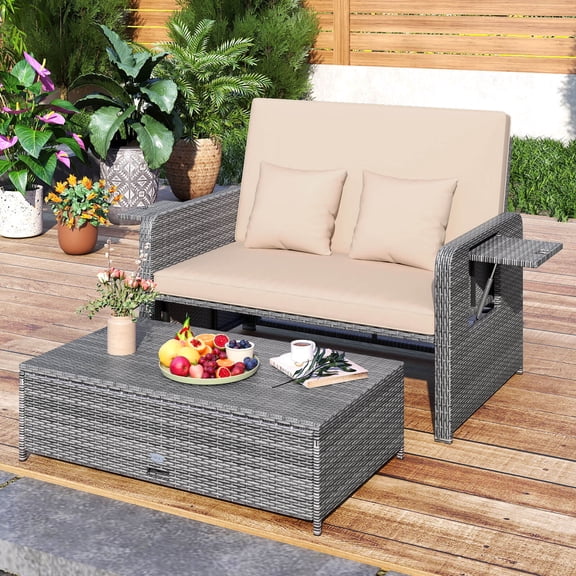 Costway Wicker Loveseat Sofa Set Patio Rattan Daybed with Ottoman & Retractable Side Tray Brown
