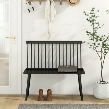 Costway Windsor Bench Rubber Wood Spindle Backrest Dining Bench with Anti-Slip Foot Pads, Black