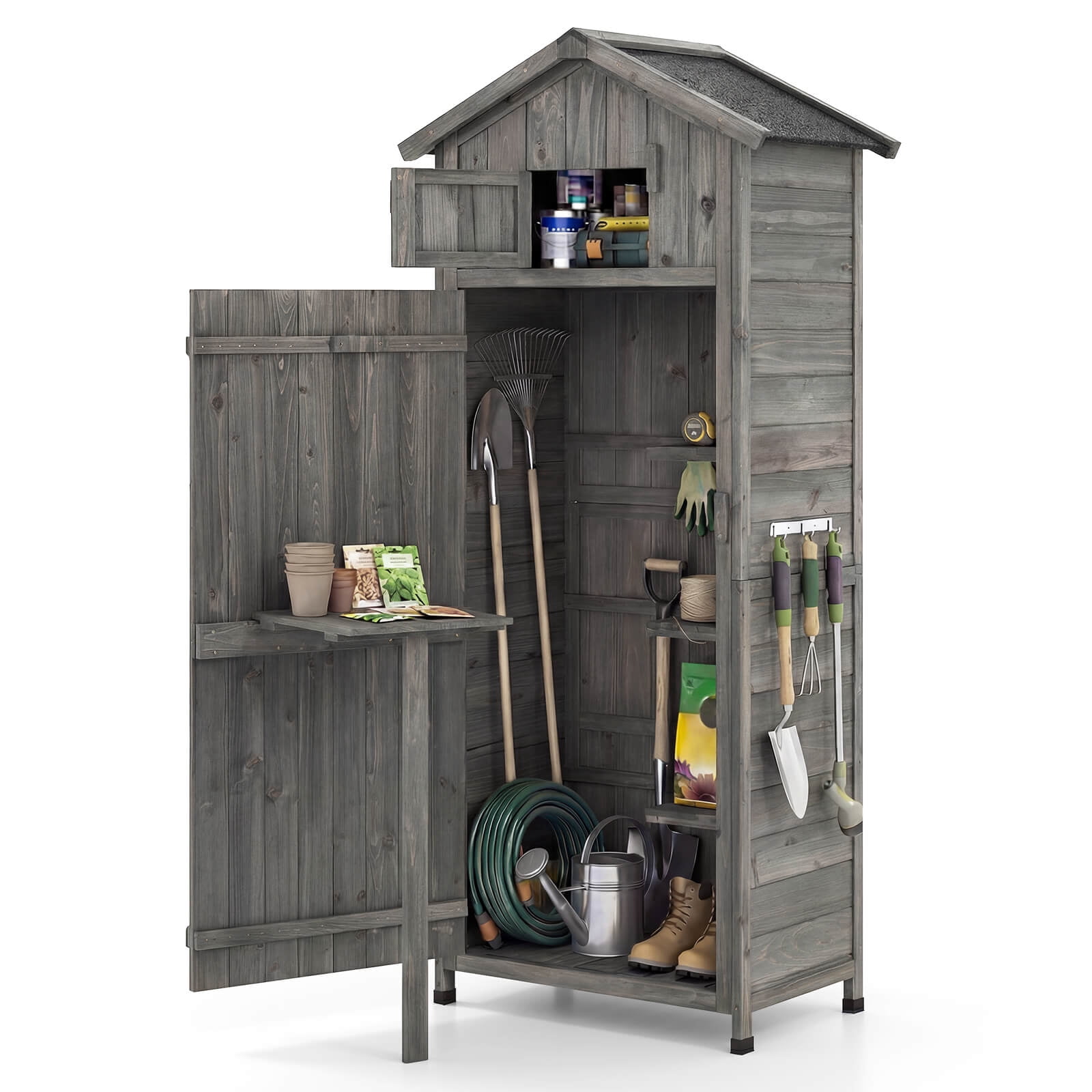 Costway Wood Garden Storage Shed with Lockable Barn Door, Removable Shelves for Patio Gray