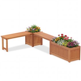 Costway Wood Planter Box Set with Bench, Hardwood Planter Box, Teak Oil Finish for Garden