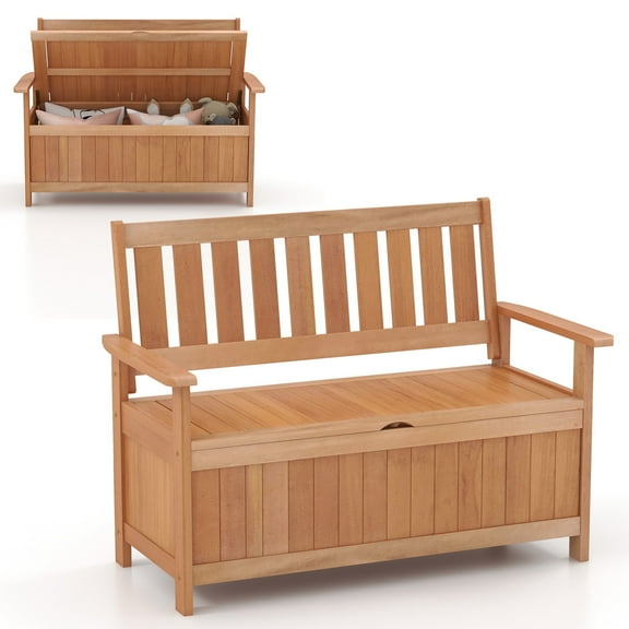Costway Wood Slatted Backrest and Storage Patio Bench, Natural