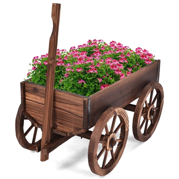 Costway Wood Wagon Flower Planter Pot Stand W/Wheels Home Garden Outdoor Decor
