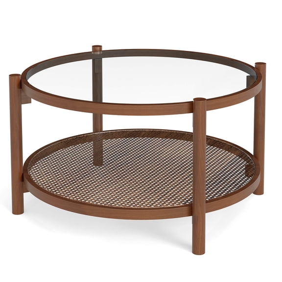 Costway Wooden 31" Round Coffee Table with Tempered Glass Top Handmade Rattan Shelf