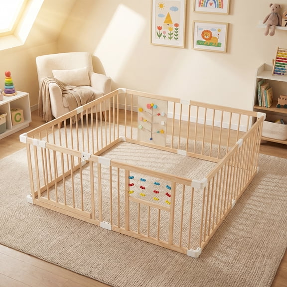 Costway Wooden Baby Playpen, Adjustable Multi-Shape Large Play Yard for Infants Toddlers