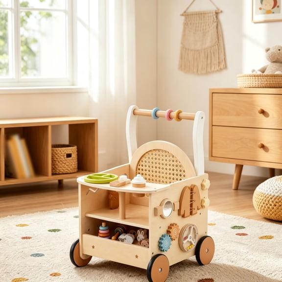 Costway Wooden Baby Walker, 13-In-1 Toddler Push Walker with Wheels Storage for Boys Girls Natural