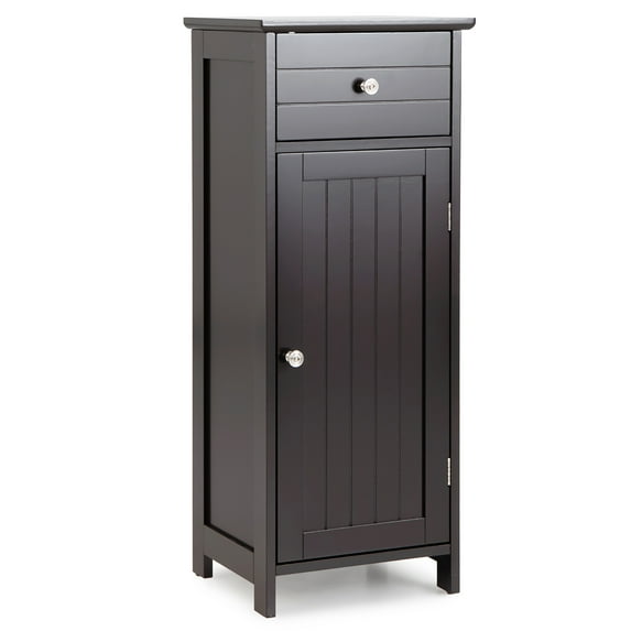 Costway Wooden Bathroom Floor Storage Cabinet Organizer w/ Drawer Adjustable Shelf Brown
