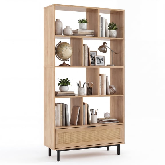 Costway Wooden Bookcase,6-Tier Bookshelf with 8 Open Cubes, Rattan Drawer & Metal Legs Natural