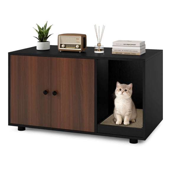Costway Wooden Cat Litter Box Enclosure, Hidden Litter Box Furniture with Scratching Board Black