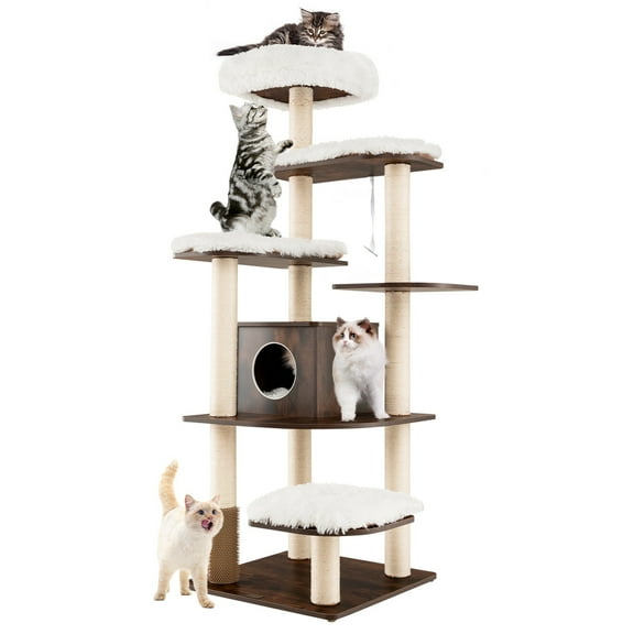Costway Wooden Cat Tree 71'' 7-Layer Cat Tower with Sisal Scratching Posts Perch & Cushions Brown