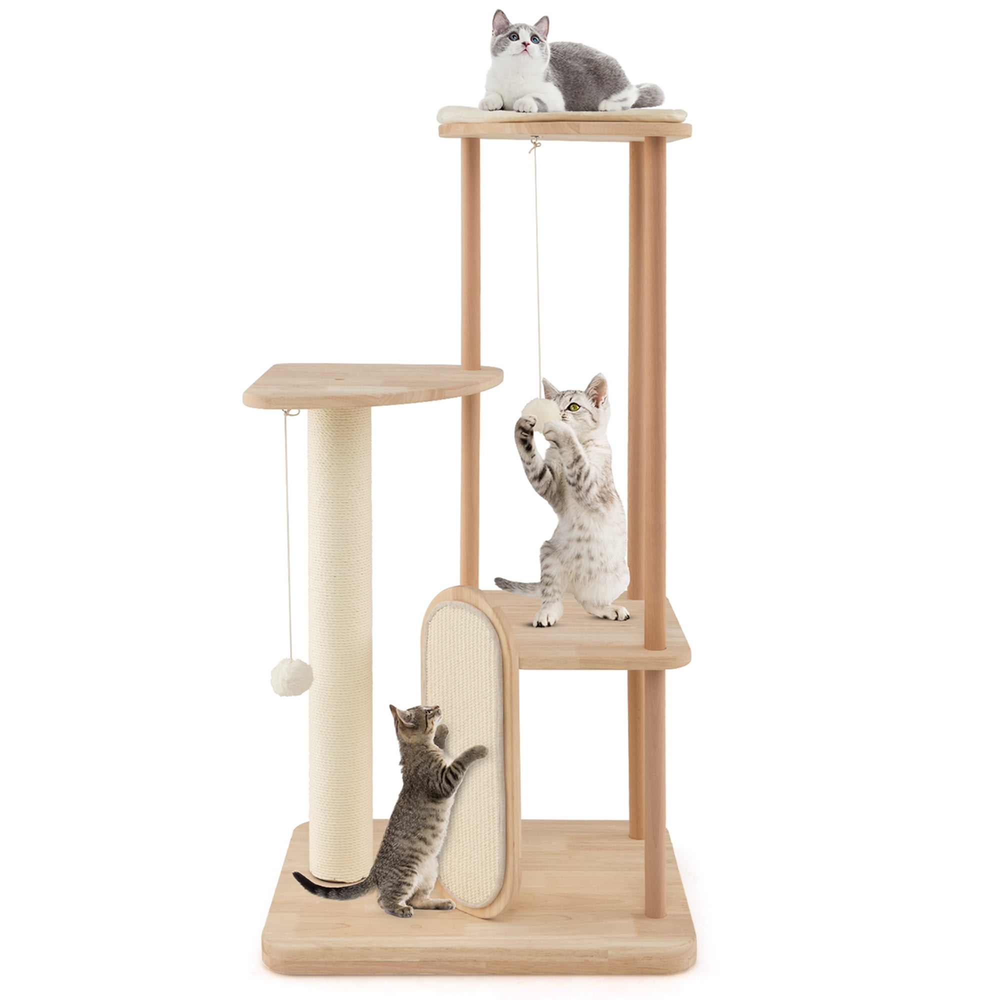 44-Inch Beige Wooden Multi-Level Cat Tower with Sisal Scratching Post