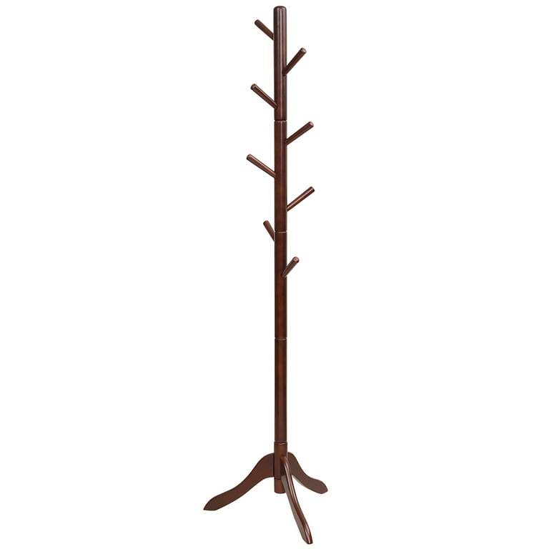 Costway Wooden Coat Rack Stand Entryway Hall Tree 2 Adjustable Height w/ 8  Hooks Brown