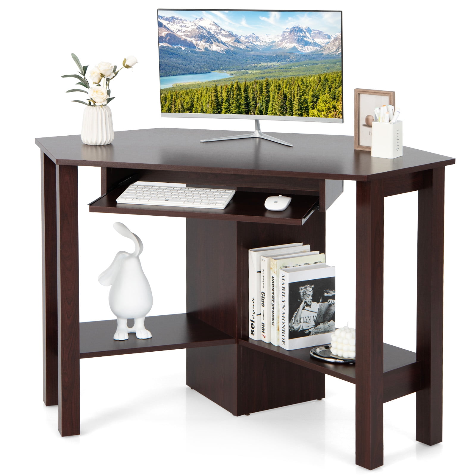 Compact Functional Brown Wood Corner Desk with Keyboard Tray and Drawer