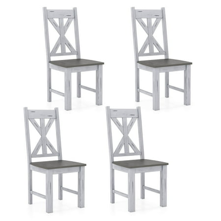 Costway Wooden Dining Chair Set of 4 with Rubber Wood Frame Elegant Hollowed Backrest - White, Gray