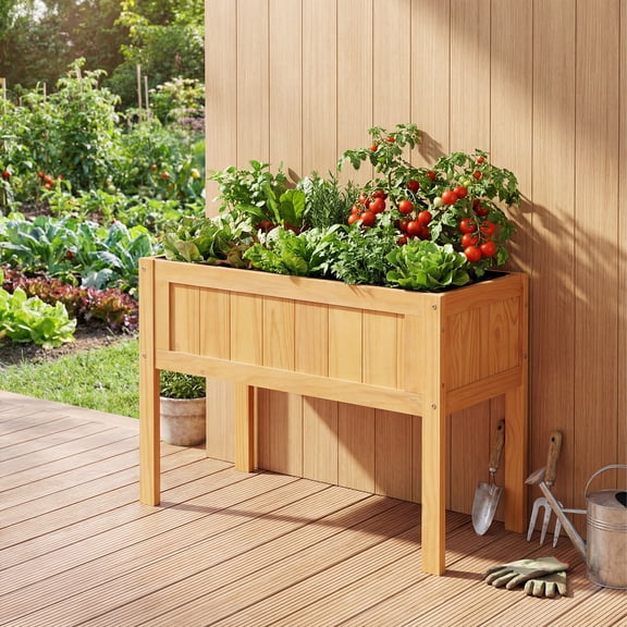 Costway Wooden Elevated Planter Box with Solid Wood Frame & Sturdy Legs Slatted Bottom