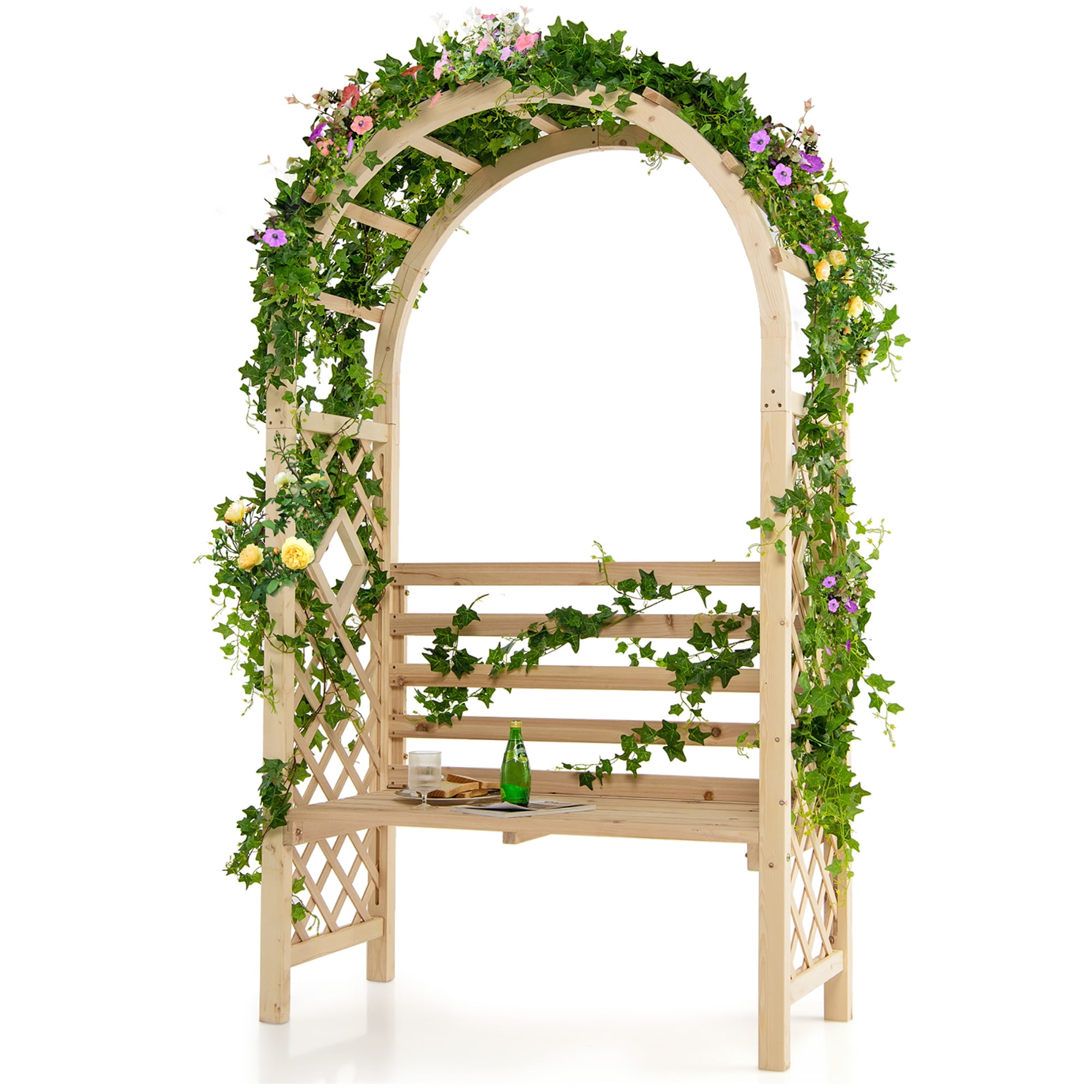 Costway Wooden Garden Bench Arch Pergola Outdoor Arbor w/backrest Patio Trellis Pergola