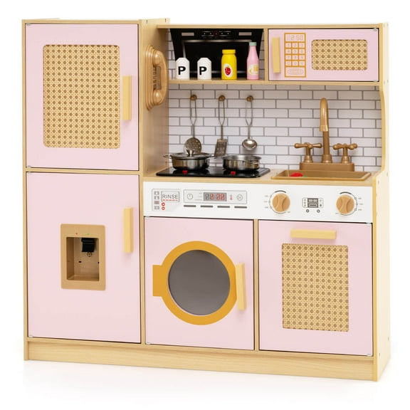 Costway Wooden Kids Kitchen Playset Pretend Play Kitchen with Real Sounds Lights Pink