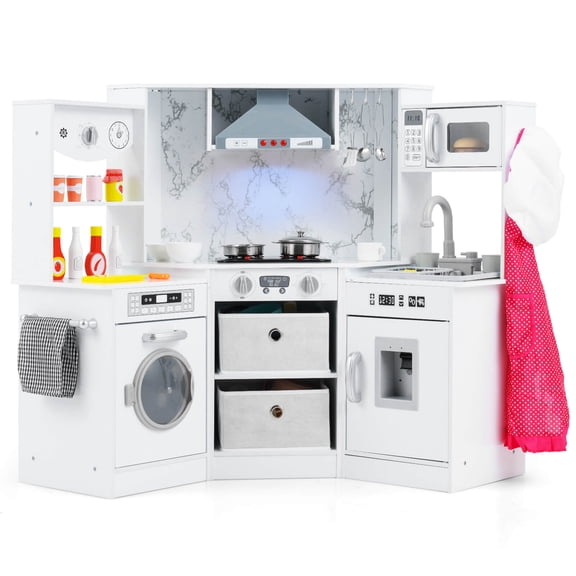 Costway Wooden Kids Play Corner Kitchen with Realistic Lights & Sounds Lighted Range Hood White