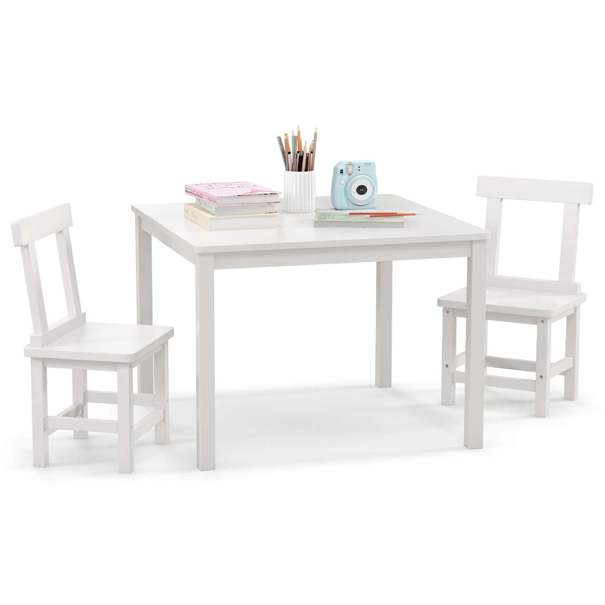 Costway Wooden Kids Table and 2 Chairs Set with Rubber Wood Legs Anti-slip Foot Pads White