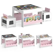 Costway Wooden Kids Table and Chairs Set with Double-sided Tabletop, Chalkboard, Pink White + Pink