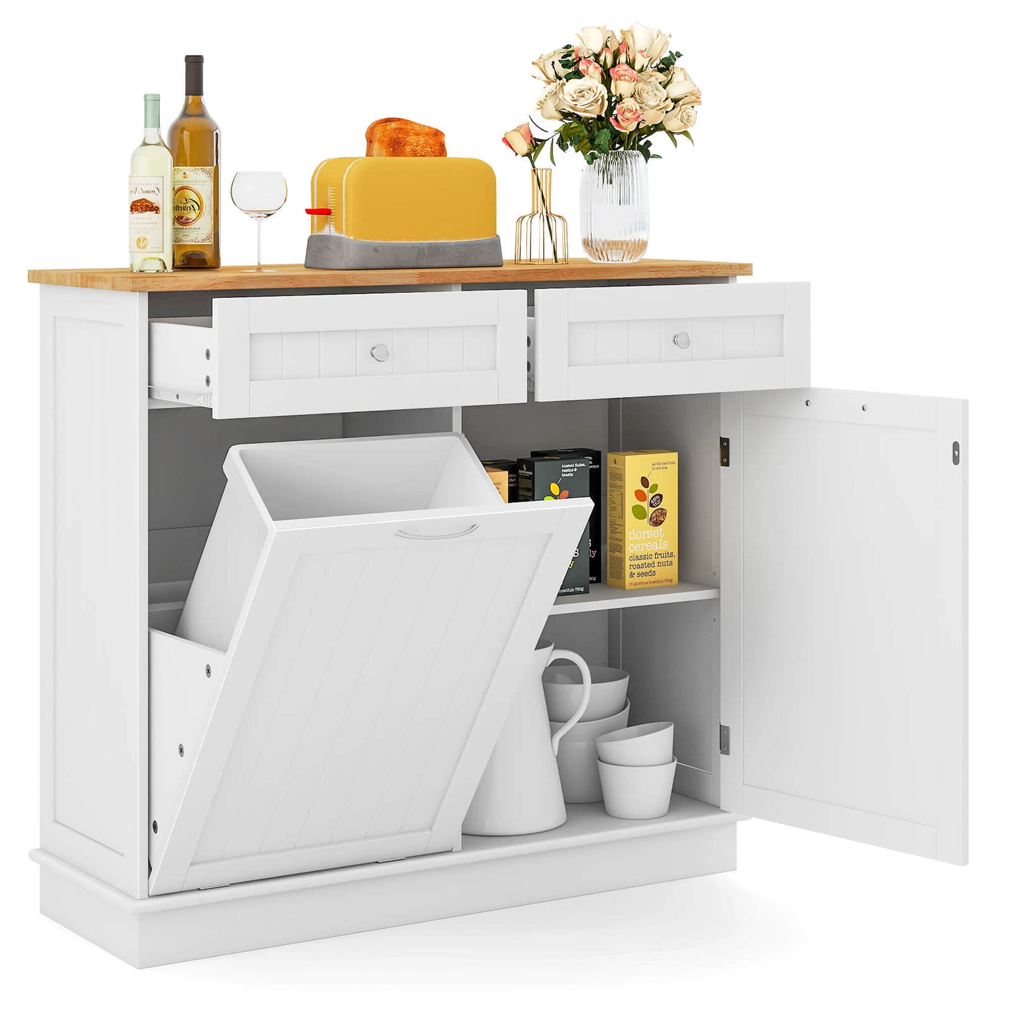 White Rubber Wood Kitchen Trash Cabinet with Adjustable Shelf