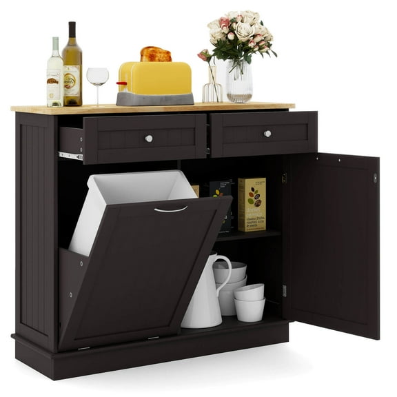 Costway Wooden Kitchen Trash Cabinet Tilt Out Bin Holder with Drawer & Storage Shelf Coffee