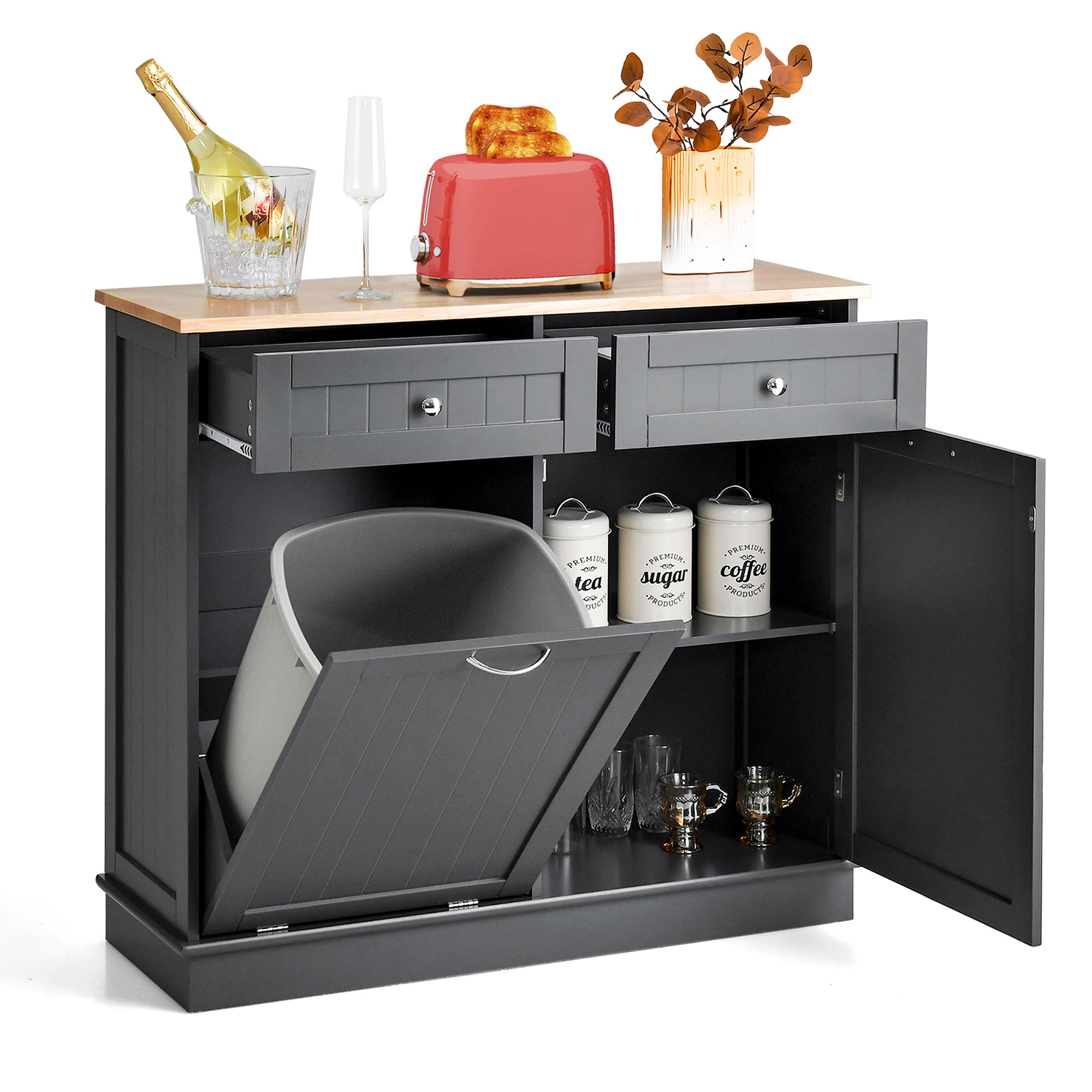 Costway FreeStanding Wooden Kitchen Trash with Tilt Out Bin