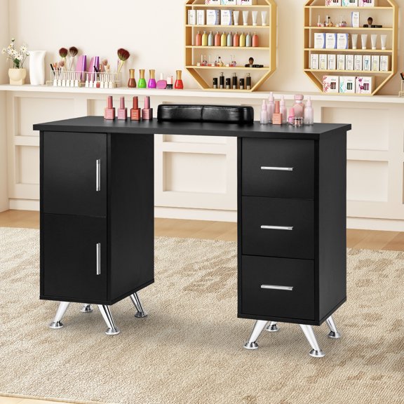 Costway Wooden Nail Desk Station with Removable Wrist Rest Metal Legs & 3 Drawers, 2 Cabinets Black