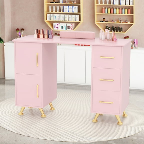 Costway Wooden Nail Desk Station with Removable Wrist Rest Metal Legs & 3 Drawers, 2 Cabinets Pink