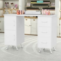 Costway Wooden Nail Desk Station with Removable Wrist Rest Metal Legs & 3 Drawers, 2 Cabinets White