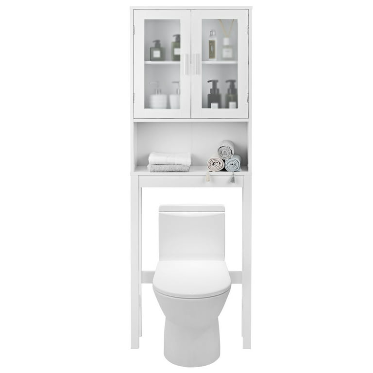 Sobaniilo Over The Toilet Storage Cabinet for Bathroom, Storage Organizer  Over Toilet, Space Saver with Tempered Glass Doors, White 