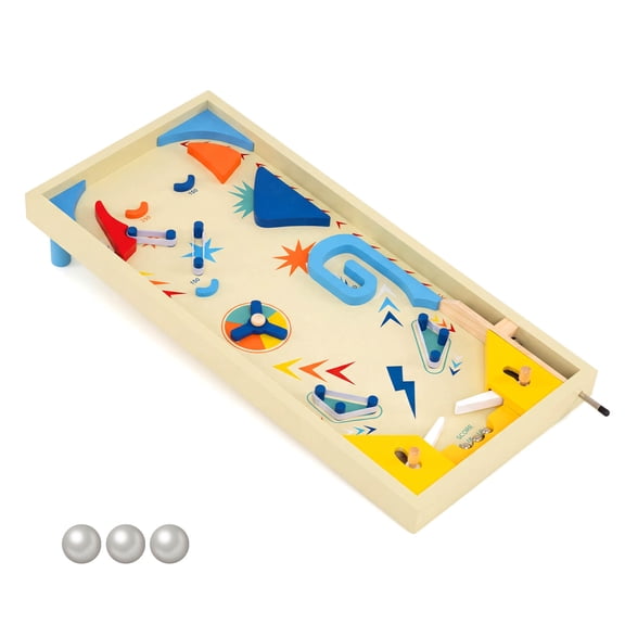 Costway Wooden Pinball Machine with 3 Balls, for Kids 8+ & Adults, Marble Pinball Toy