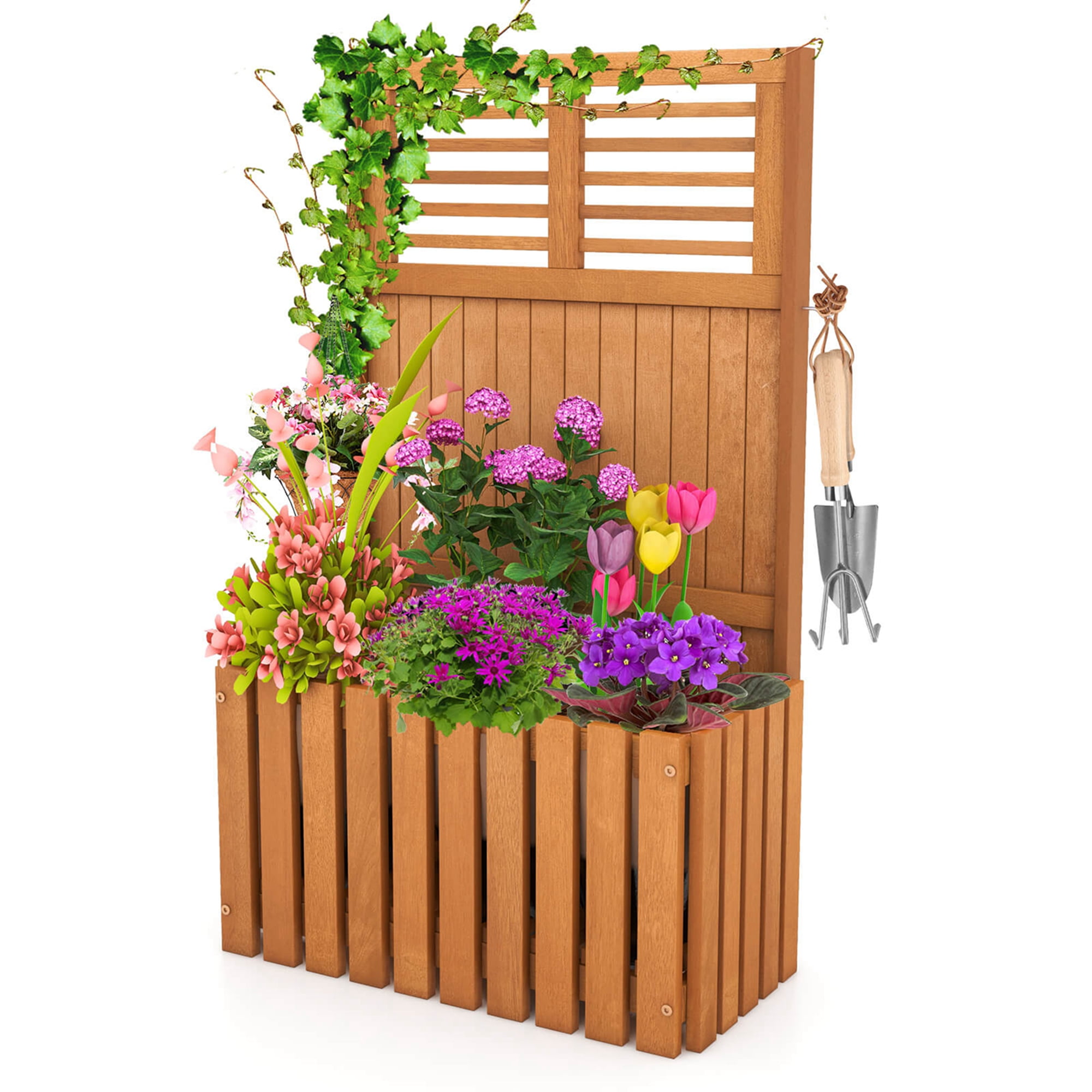 Costway 1 PCS Wooden Plant Stand Raised Garden Bed with Trellis & Planter  Box Privacy Screen