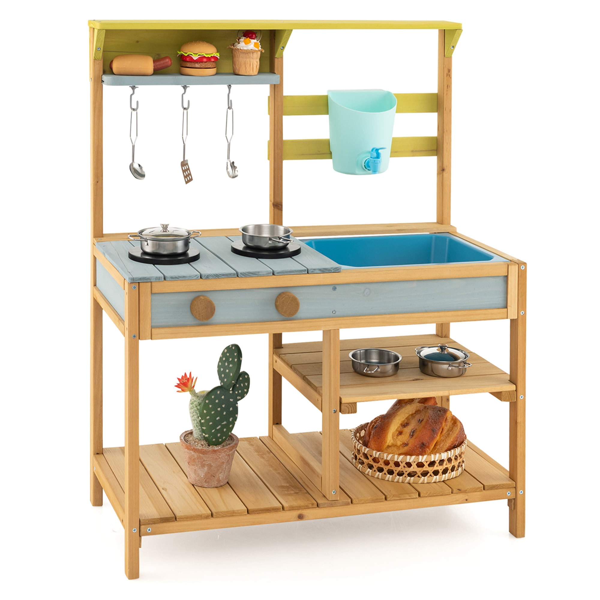 Walmart Deals of Costway Children's Wooden Playset, Outdoor Toddler Toy Kitchen with Faucet & Water Box