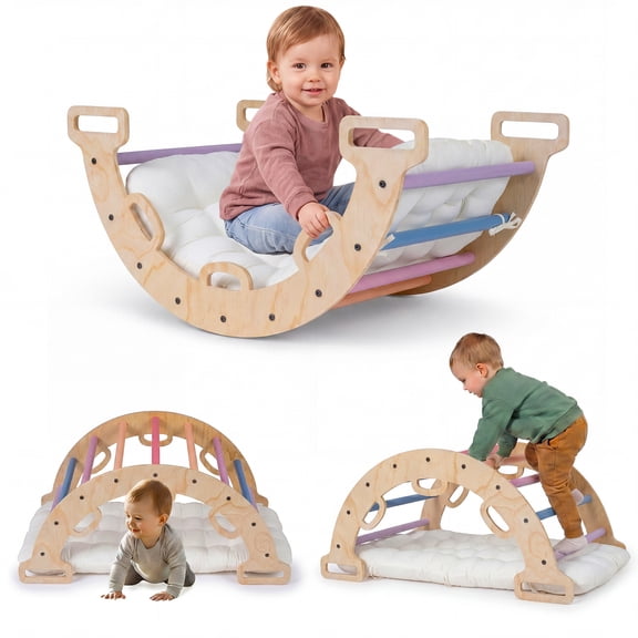 Costway Wooden Rocking Climbing Arch with Cushion, 3-in-1 Montessori Kids Climber Rocker Multicolor