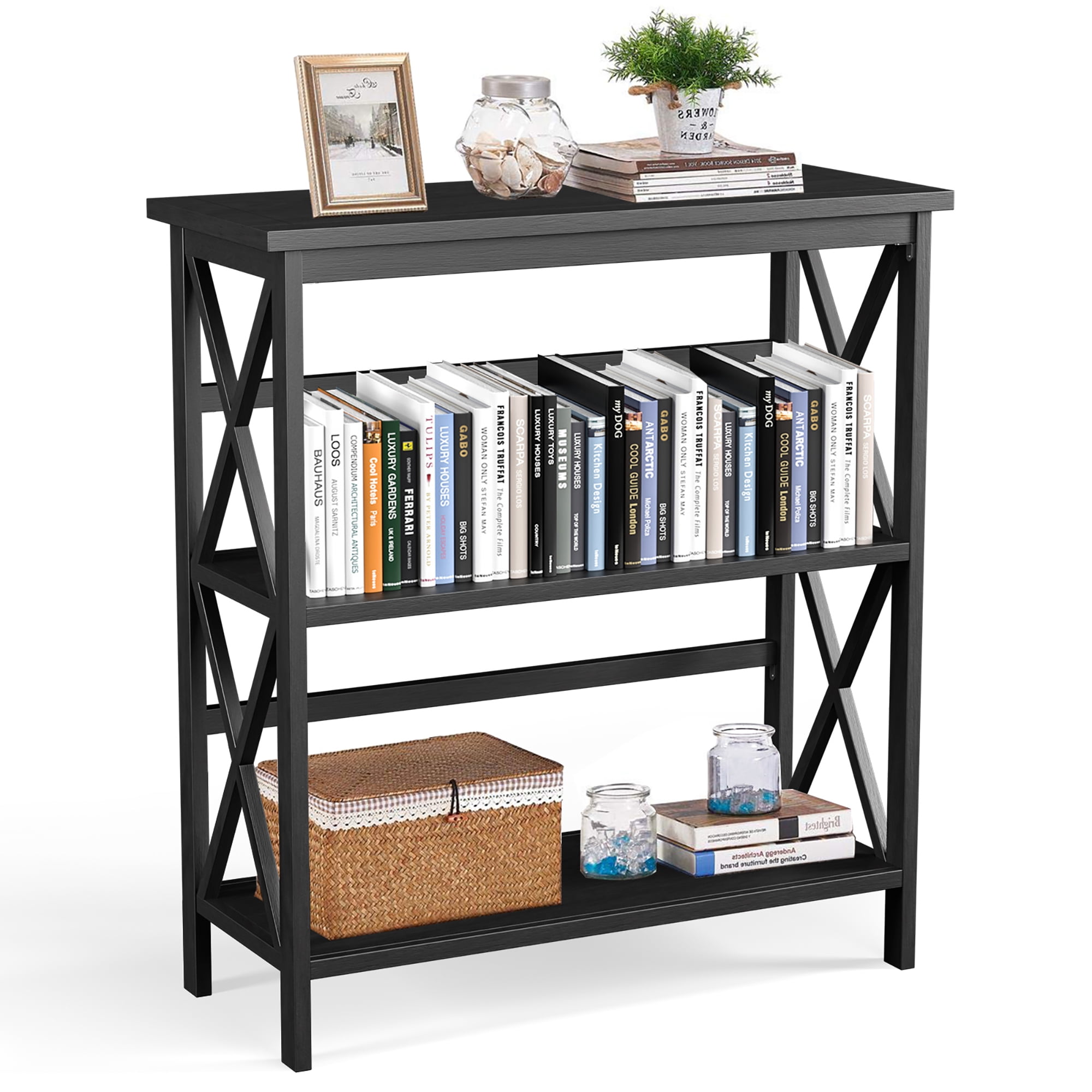 Costway 3-Tier Wooden Bookshelf, X-Design, Freestanding Black