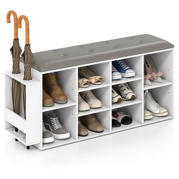 Costway Wooden Shoe Bench 10-Cube Storage Organizer with Padded Cushion & Umbrella Holder White