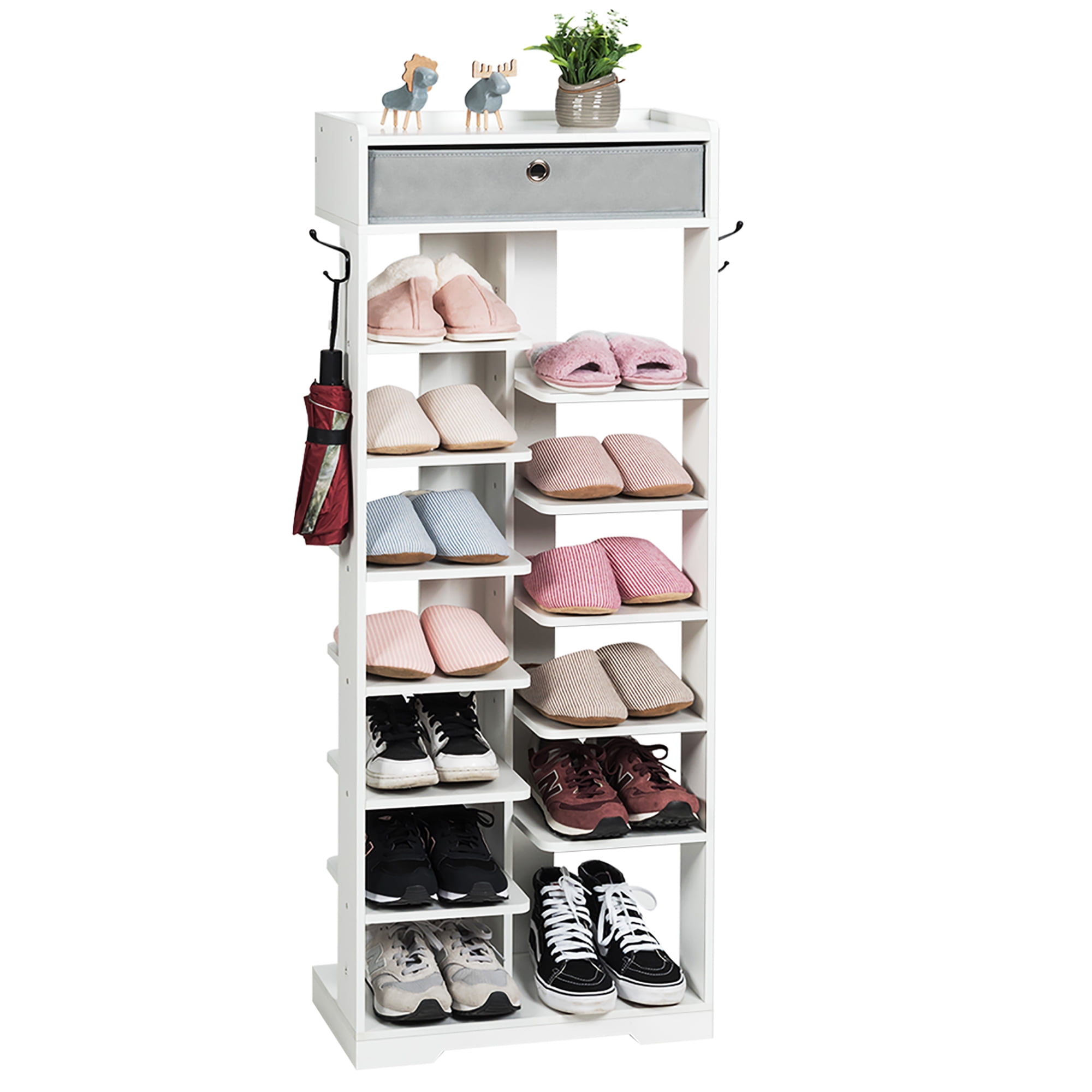 Costway Wooden Shoe Rack w Fabric Drawer Shoe Storage Shelf White