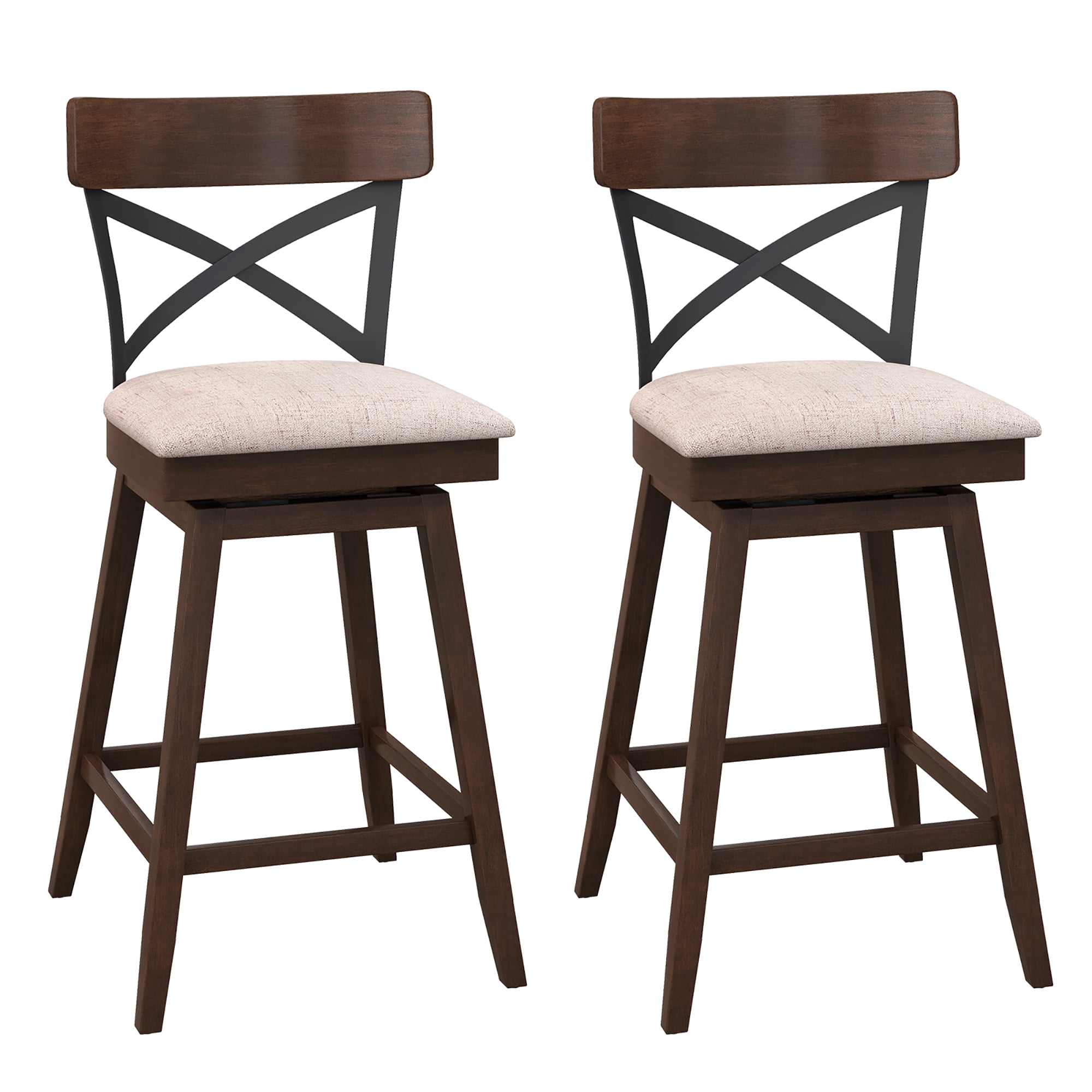 Costway Wooden Swivel Upholstered Counter Height Backrest Bar Stools Brown (Set of 2)