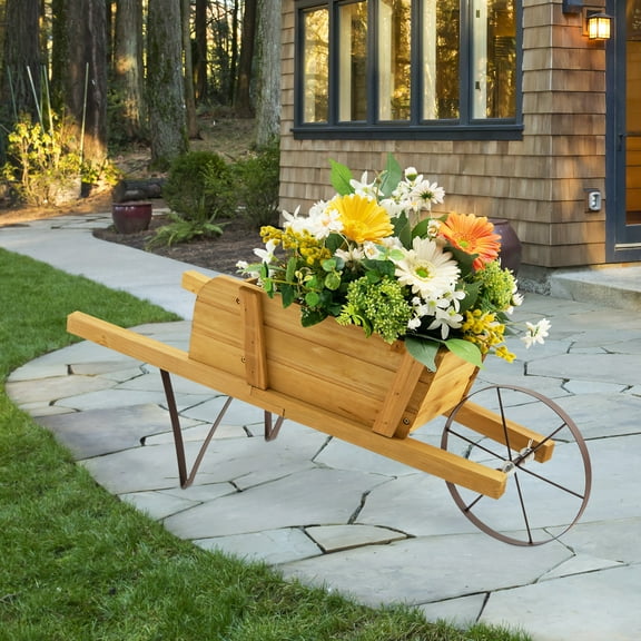 Costway Wooden Wagon Planter Decorative Indoor/Outdoor Rustic Flower Cart with Wheel Beige