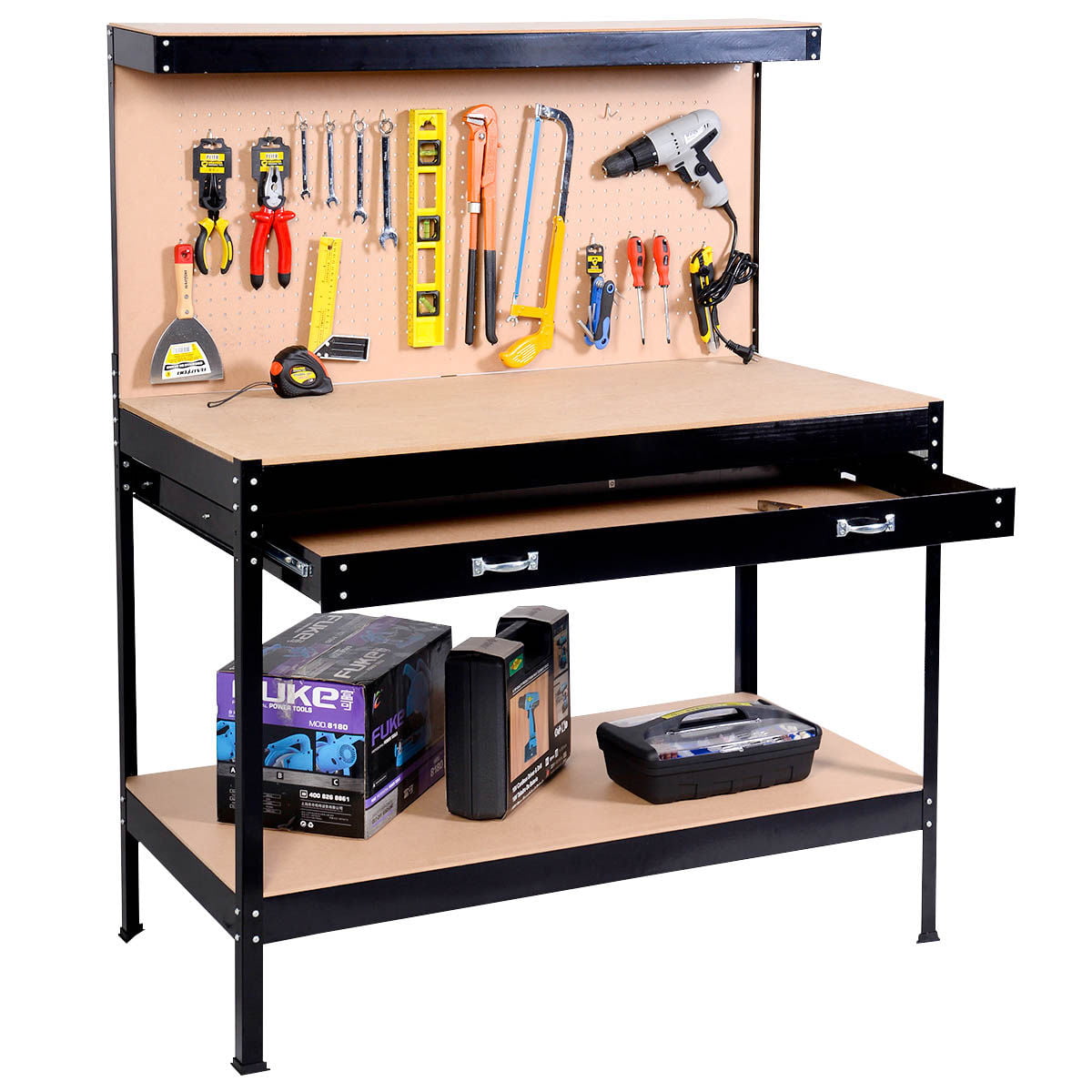 Costway Work Bench Tool Storage Steel Frame Tool Workshop Table W/ Drawer  and Peg Boar