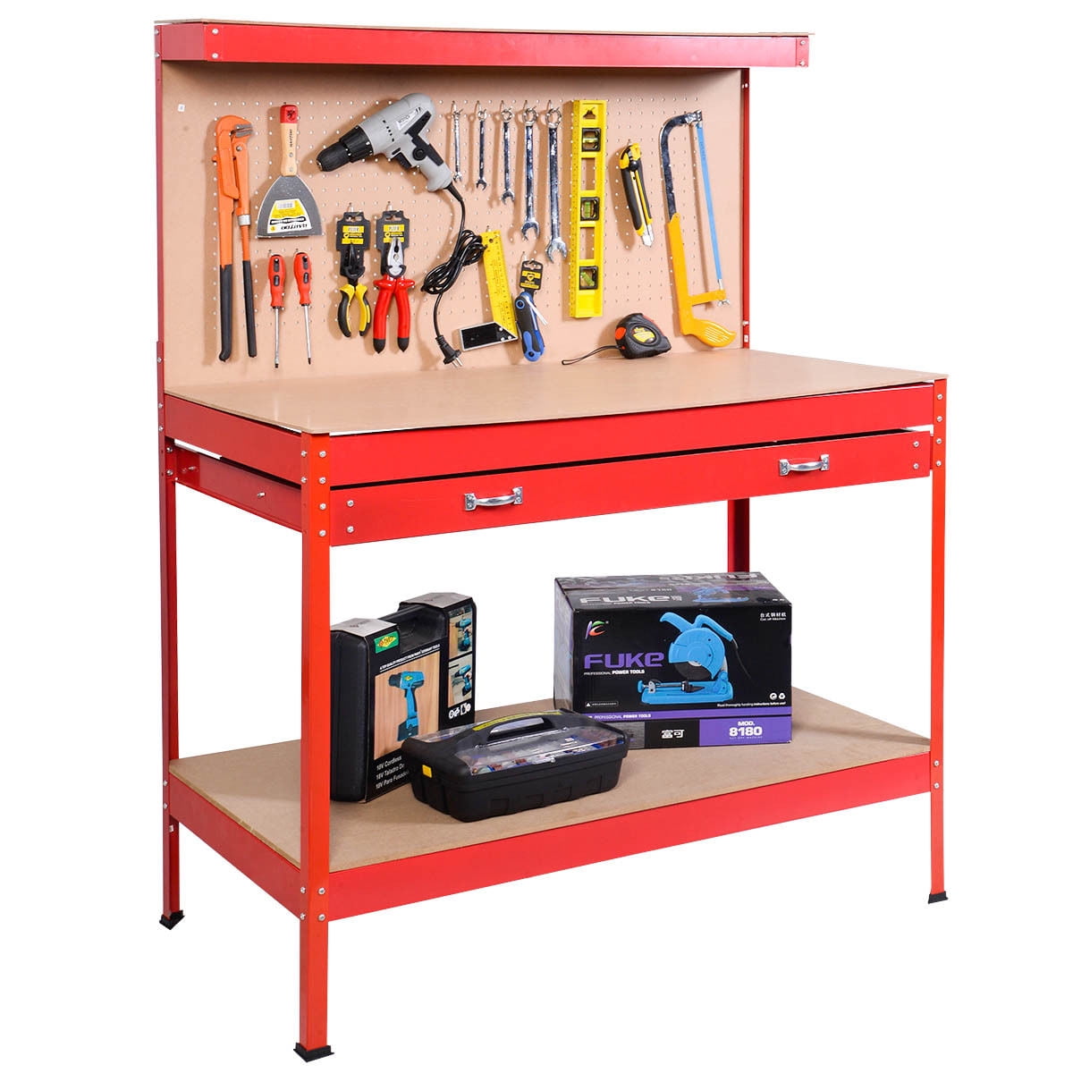 Workbench, Steel Garage Workbench, Tool Storage Work Bench Workshop Tools  Table with Drawer and Peg Board, Load Bearing 300 Lbs, Suitable for Garage