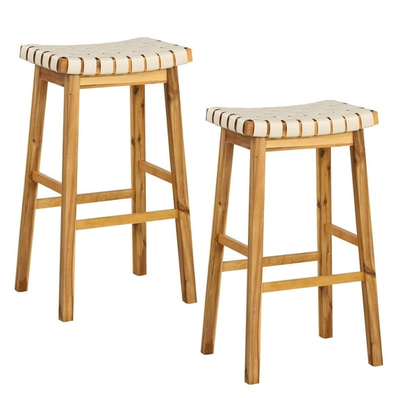 Costway Woven Saddle Stools Set of 2 31'' Faux PU Leather Bar Height Kitchen Stool Beige